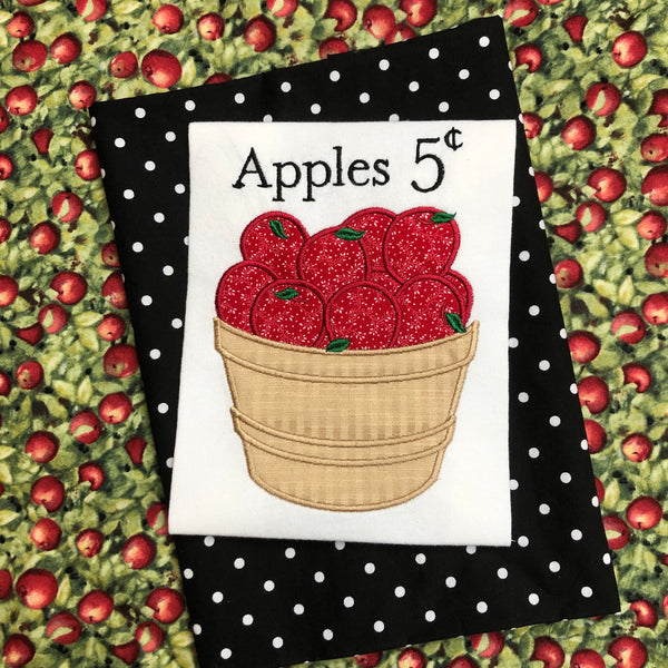 Basket of Apples "Apples 5 cents" applique embroidery design, snugglepuppyapplique.com