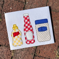 A bean stitch applique of Mustard, Catsup and Mayonnaise jars by snugglepuppyapplique.com