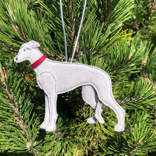 In the hoop Greyhound Christmas Ornament Machine Embroidery Design by snugglepuppyapplique.com