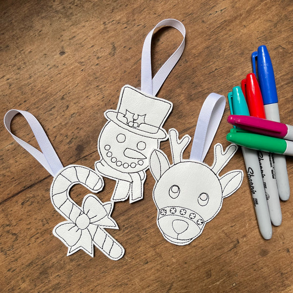 Set of 3 ITH Christmas Ornaments, candy cane, snowman and reindeer to color with permanent markers, embroidery design software by snugglepuppyapplique.com