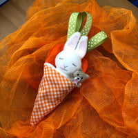 ITH bunny with teddy bear In a carrot bed with ribbon leaves embroidery machine design by snugglepuppyapplique.com