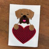 A valentine Applique of a Boxer dog with its paws on a heart shape by snugglepuppyapplique.com