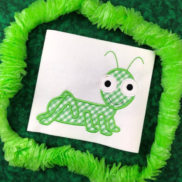 Grasshopper with bug eyes spring applique embroidery design by snugglepuppyapplique.com