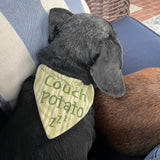 An in the hoop pet bandana with the words "couch Potato Z zz " embroidered on it by snugglepyppyapplique.com