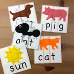 Set of 5 three letter word puzzles with pictures in the hoop embroidery design by snugglepuppyapplique.com