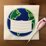 Pandemic earth wearing a surgical mask applique  embroidlery design by snugglepuppyapplique.com