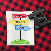 Camp sign Post Camping, Trails, Lake on a post applique embroidery Design by snugglepuppyapplique.com