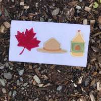 Canadian Trio maple leave, Mountie Hat and Maple syrup Canada Day applique Embroidery Design by snugglepuppyapplique.com