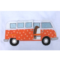 An applique of a bus with a side door that slides open on grosgrain ribbon to reveal an embroidered Labrador by snugglepuppyapplique.com 