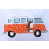 An applique of a bus with a side door that slides open on grosgrain ribbon to reveal an embroidered Labrador by snugglepuppyapplique.com 
