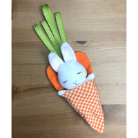 ITH Bunny doll with a carrot bed with ribbon leaves by snugglepuppyapplique.com