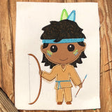 Native American Thanksgiving appliqué design. Cute stylized boy with large head holding a bow in one hand and an arrow in the other, head band with two feathers