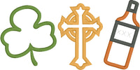 Irish Trio shamrock clover, Celtic Cross, Whisky, applique embroidery design by snuggle puppyapplique.com