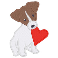 Jack Russell holding heart in his mouth applique embroidery design, snugglepuppyapplique.com