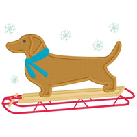 Dachshund on retro Sled applique embroidery design, January dachshund, snowflakes, dog wearing scarf