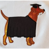 dog in cap and gown appliqué embroidery design, June Labrador, snugglepuppyapplique.com