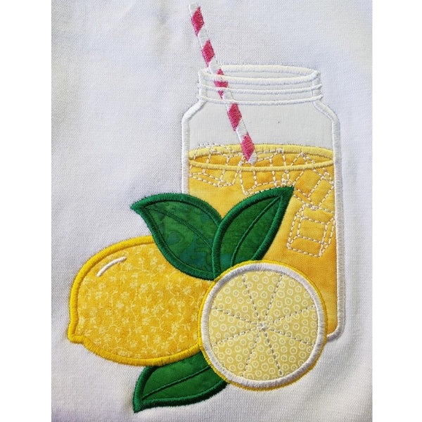 Lemonade applique embroidery design, large mason jar of lemonade with ice cubes and straw, lemons in the foreground, snugglepuppyapplique.com