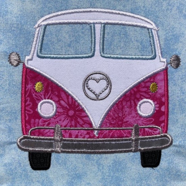 Love Bus applique embroidery design, Font of retro VW bus with a heart for logo