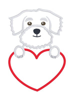 A valentine applique of a Maltese dog with its paws on a heart shape by snugglepuppyapplique.com