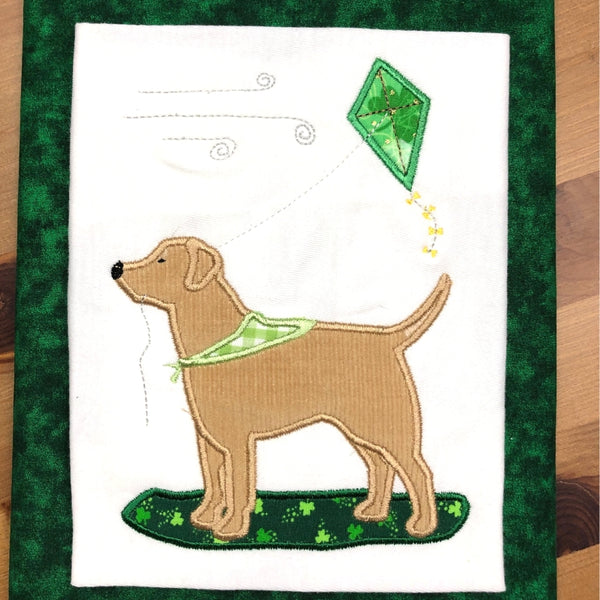 Labrador with kite applique embroidery design, March Lab design, snugglepuppyapplique.com