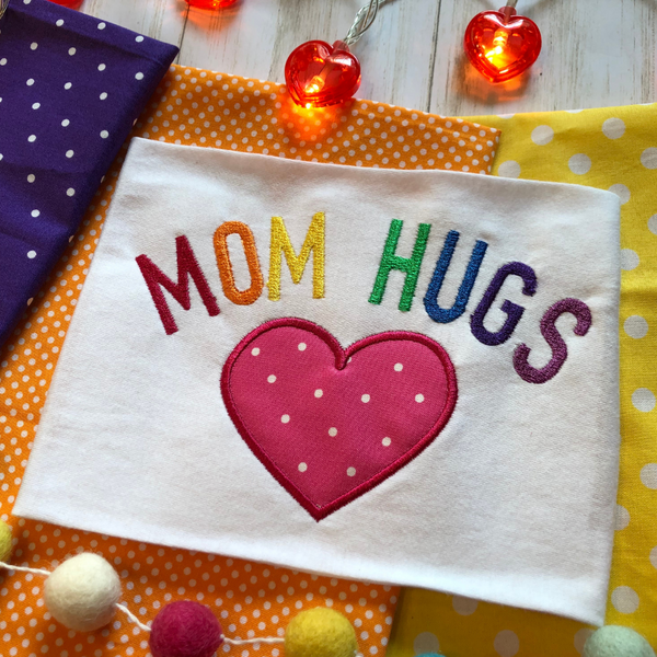 Mom Hugs LGBTQ support applique embroidery design, snugglepuppyapplique.com