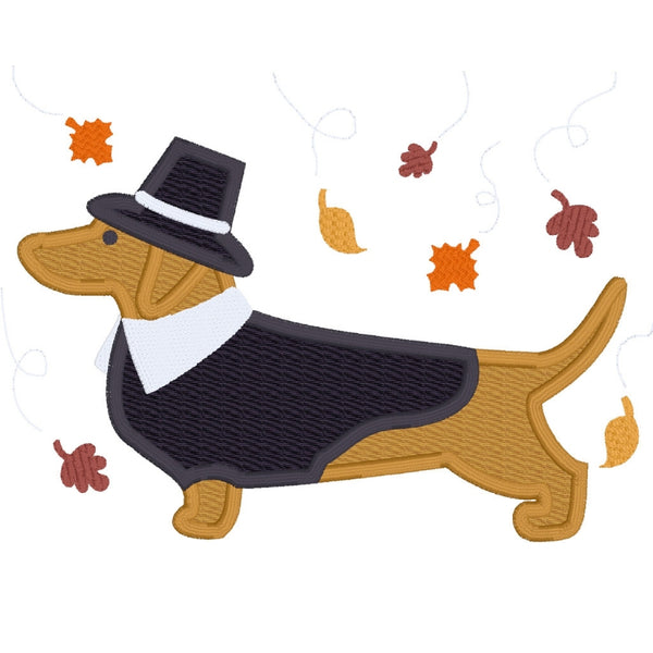 Thanksgiving Dachshund applique embroidery design, dachshund is in profile, wearing a pilgrim hat and coat, autumn leaves are falling around him