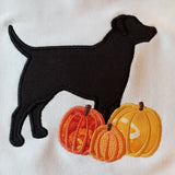 October Labrador, Lab with pumpkins applique design, snugglepuppyapplique.com