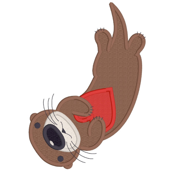 Otter holding a heart applique embroidery design