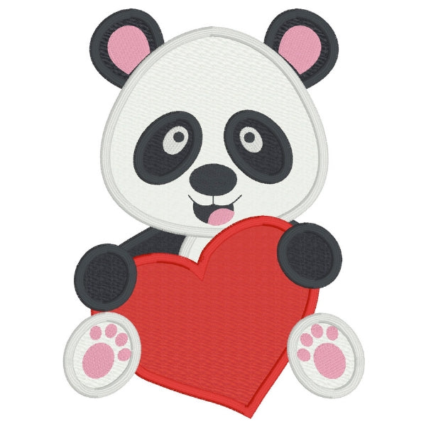 Panda valentine applique embroidery design, panda is sitting holding a large heart