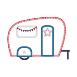 An applique of a camper with pennant flags across the windown and a five pointed star on the door and fender by snugglepuppyapplque.com