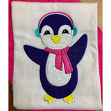 Penguin applique embroidery design, wings are up, wearing scarf and ear muffs, stylized, winter design