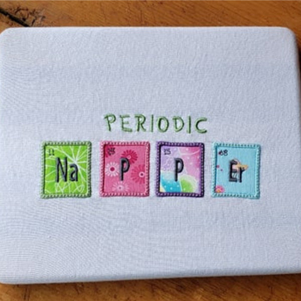 Periodic Napper Science Chemistry applique embroidery Design, snugglepuppyapplique.com