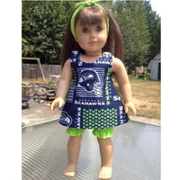 Pinafore dress sewing pattern for 18 inch or 15 inch doll, snugglepuppyapplique.com