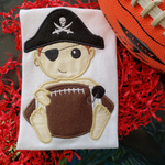 Pirate, Raider, Buccaneer mascot with a football appliqué embroidery design, snugglepuppyapplique.com