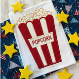Box of popcorn applique embroidery design for use with an embroidery machine, snugglepuppyapplique.com