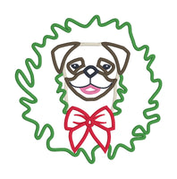 An applique of a Pug with its head through a Christmas Wreath by snugglepuppyappliuque.com