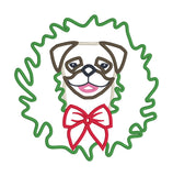 An applique of a Pug with its head through a Christmas Wreath by snugglepuppyappliuque.com