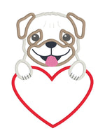 An applique of a pug with his paws on a heart to personalize by snugglepuppyapplique.com