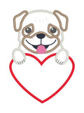An applique of a pug with his paws on a heart to personalize by snugglepuppyapplique.com