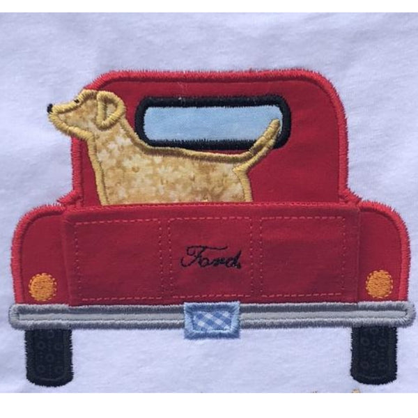 3D Pup in Pickup applique embroidery design, Truck tailgate folds down to show the rest of a dog.  Snugglepuppyapplique.com