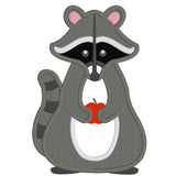 Raccoon with apple applique embroidery design, stylized raccoon holding an apple, snugglepuppyapplique.com