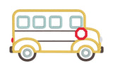 An applique of a school bus in profile with room to personalize by snugglepuppyapplique.com