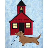 September Dachshund applique embroidery design, Dachshund in front of vintage schoolhouse, Snugglepuppyapplique.com