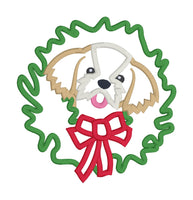 An applique of a Shih Tzu dog with its head through a Christmas Wreath by snugglepuppyapplique.com