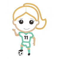 an applique of a girl soccer player with her foot on a ball by snugglepuppyapplique.com