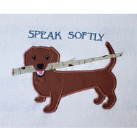 dachshund with a stick in this mouth appliqué embroidery design, snugglepuppyapplique.com