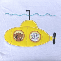 Submarine applique embroidery design, with two puppy looking out portholes, snugglepuppyapplique.com