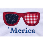 an applique  of sunglasses with the word  "'merica"  embroidered underneath by snugglepuppyapplique.com