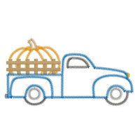 An appliqué of the side of a pickup truck with a giant pumpkin in the truck's bed in a zigzag applique stitch by snugglepuppyapplique.com