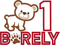 First birthday applique embroidery design, bear cub beside number one and the Barely below, snugglepuppyapplique.com